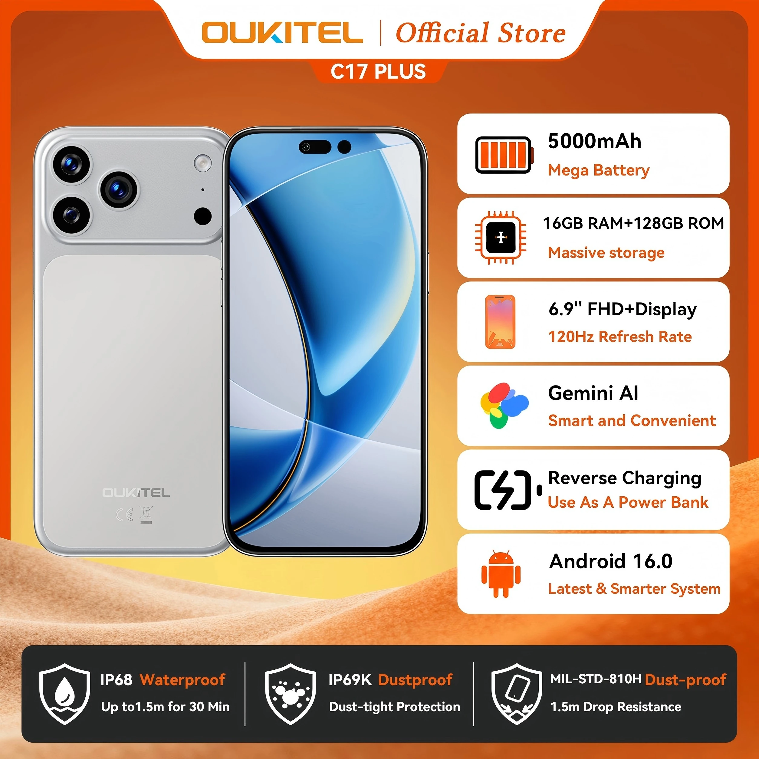 OUKITEL C17 PLUS 스마트폰 글로벌 버전 6.9'' 16GB(4+12)+128GB 120Hz NFC Gemini AI