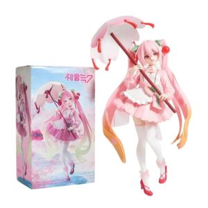 23cm 애니메이션 하츠네 미쿠 핑크 벚꽃 우산 수제 PVC 모델 아름다운 소녀 데스크탑 장식 모델 장난감