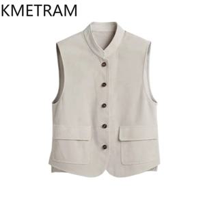 KMETRAM 고품질 크로스브리드 양가죽 베스트, 겹쳐 입을 수 있는 디자인, 여성용 소매 없는 천연 가죽 재킷, 2026년 컬렉션