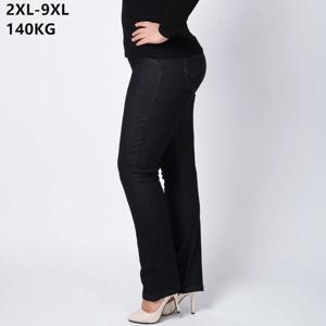 여성용 하이 웨이스트 슬림 핏 긴 청바지, 우아한 블랙 데님 바지, 스트레치 빅 팬츠, 9XL 8XL 6XL 5XL 150kg 플러스 사이즈