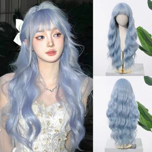 Allbell Magique 파란 머리 가발 앞머리 긴 물결 모양의 합성 가발 베이비 블루 곱슬 가발 여성용 일일 파티 사용 내열성