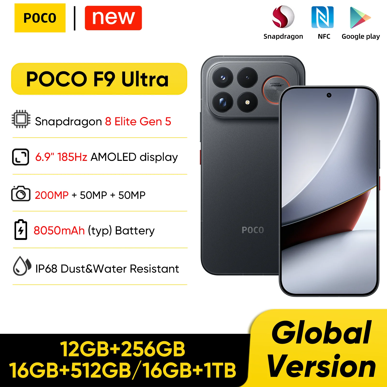 최신 POCO F9 울트라 글로벌 버전, 5G, 스냅드래곤 8 엘리트 Gen 5, 6.9인치, 185Hz AMOLED 디스플레이, 200MP 카메라, 8050mAh 배터리, 100W 초고속 충전.