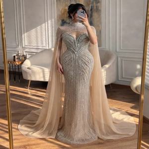 맞춤형 하이넥 이브닝 드레스, 태슬 케이프, 크리스탈 비딩, 머메이드 트레인, 프롬 드레스, 웨딩, 우아한 파티 드레스