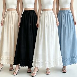 여성 캐주얼 솔리드 컬러 프릴 맥시 스커트 신축성 있는 허리 A 라인 화이트 블랙 롱 스커트 여름 가을 해변 휴가 스커트