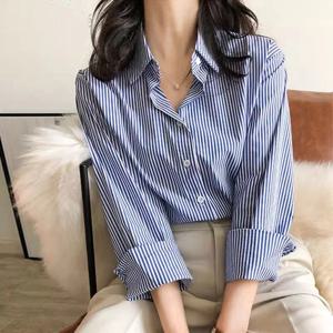클래식 스트라이프 여성 봄 가을 블라우스 셔츠 레이디 롱 랜턴 슬리브 스탠드 칼라 루즈 블루사 탑