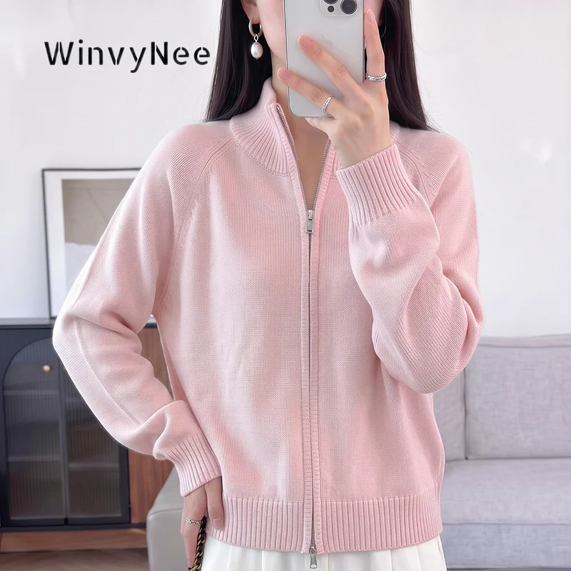 WinvyNee 여성 니트 가디건 100% 코튼 스탠드 칼라 지퍼 자켓 긴 소매 골지 커프스 루즈한 아우터웨어 데일리 탑 ZB1002060