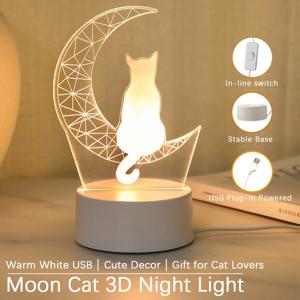 1개 문캣 3D 아크릴 무드등 USB 웜 화이트 LED 램프 귀여운 장식 선물 고양이 애호가를 위한 침실 데스크탑 장식