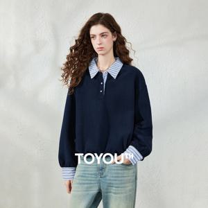 TOYOUTH 여성 스웨트셔츠 2026년 가을 신상 폴라 플리스 따뜻한 스트라이프 라펠 페이크 투피스 루즈 빈티지 탑