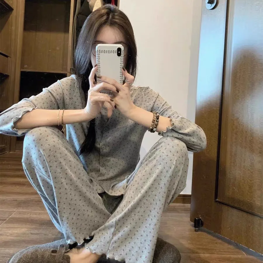 여성용 한국 스타일의 회색 꽃무늬 파자마, 봄/가을 신상품, 사랑스러운 분위기의 캐주얼한 긴팔 넉넉한 핏의 홈웨어 투피스 세트