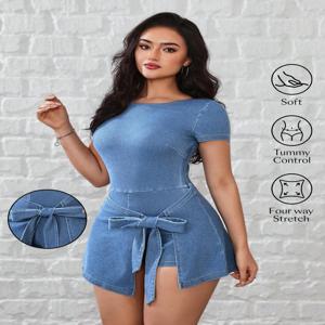 타이업 데님 원피스 짧은 스커트 드레스, 민소매 슬리밍 바디콘 미니 드레스, 핫걸 스타일, 여름 패션에 딱 맞습니다.