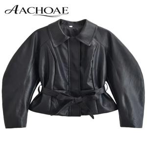 AACHOAE 여성용 인조 가죽 자켓 벨트 허리 오버사이즈 모토 자켓 긴 소매 PU 가죽 코트 캐주얼 봄 가을 아우터웨어