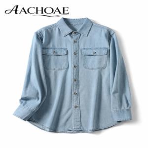 AACHOAE 여성 코튼 데님 셔츠 오버사이즈 긴팔 진 셔츠 캐주얼 루즈 포켓 데님 블라우스 빈티지 웨스턴 샴브레이 탑