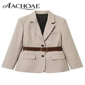AACHOAE 여성용 벨트 스트라이프 블레이저 재킷 구조화된 슬림 슈트 코트 오피스 시크 긴 소매 맞춤형 허리 벨트 재킷 여성