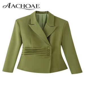 AACHOAE 여성용 벨트 허리 블레이저 재킷 더블 버튼 슬림 슈트 코트 긴 소매 우아한 오피스 시크 미니멀리스트 재킷