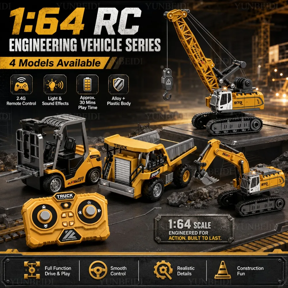 원격 조종 미니 합금 자동차 1:64 포크리프트 크레인 굴착기 데스크탑 게임 2.4G RC 엔지니어링 리프트 트럭 어린이 장난감 축제 선물