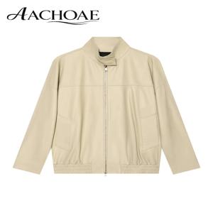 AACHOAE 여성용 인조 가죽 봄버 재킷 스탠드 칼라 지퍼 업 오버사이즈 캐주얼 PU 가죽 재킷 미니멀리스트 재킷 코트