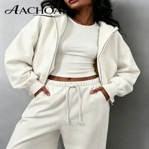 AACHOAE 여성용 트랙수트 지퍼 후디 와이드 레그 팬츠 세트 캐주얼 투피스 오버사이즈 후드 스웨트셔츠 매칭 아웃핏 코디 세트