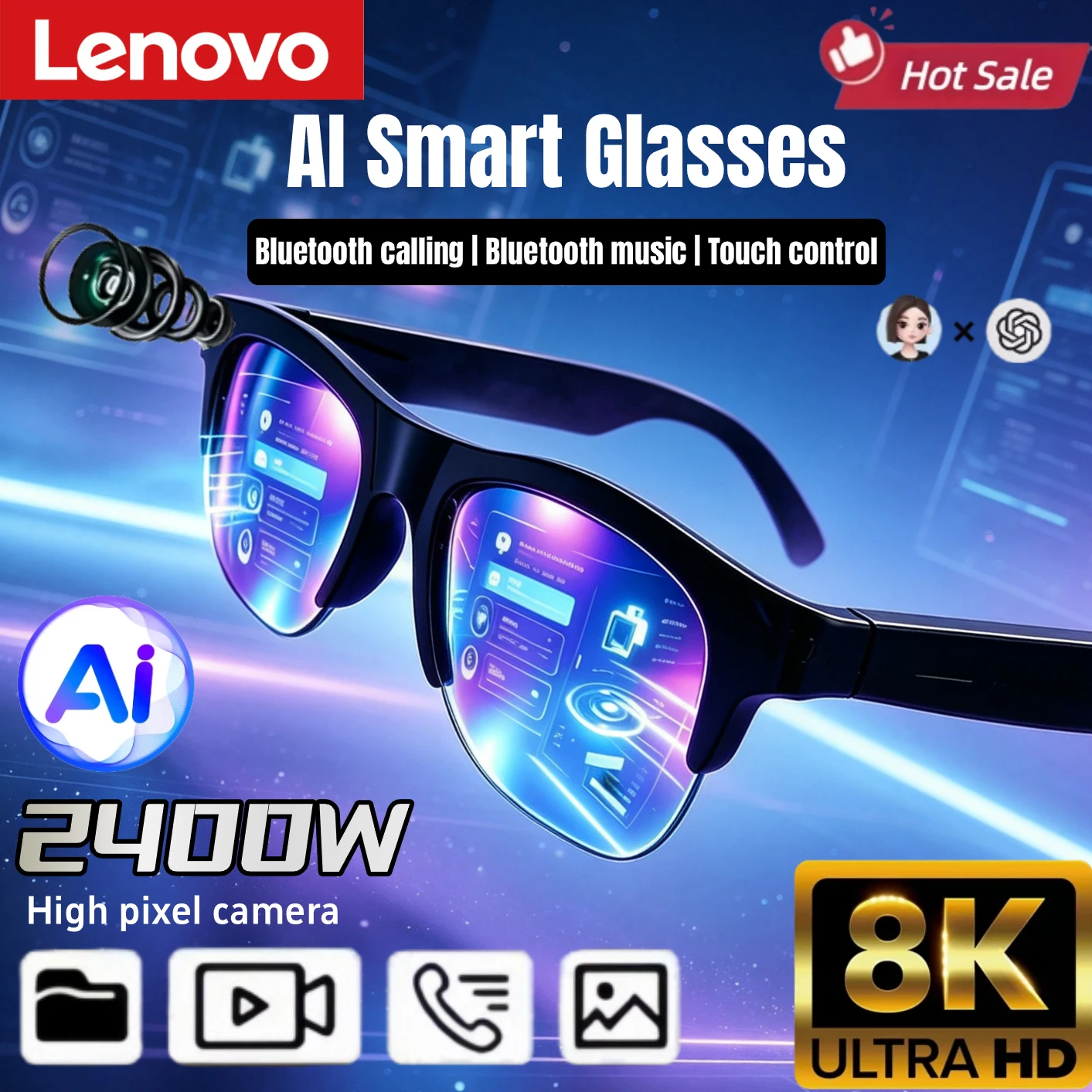 Lenovo AI 스마트 글래스, 2400W 픽셀, 8K HD, 원격 제어, 터치, 음성 번역, 블루투스 통화, 비디오 녹화, 음악 감상 기능이 있는 선글라스