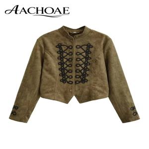 AACHOAE 여성용 인조 스웨이드 밀리터리 재킷 빈티지 크롭드 지퍼업 코트 브레이드 트림 스탠드 칼라 긴소매 캐주얼 아우터웨어