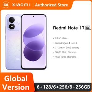 글로벌 버전 스마트폰 샤오미 Redmi Note 17 5G, 120Hz 주사율, 6.99인치 디스플레이, 128GB/256GB 저장 공간, 7700mAh 배터리, 45W 고속 충전, 50MP 카메라, 스냅드래곤 프로세서. ®   4세대 CPU