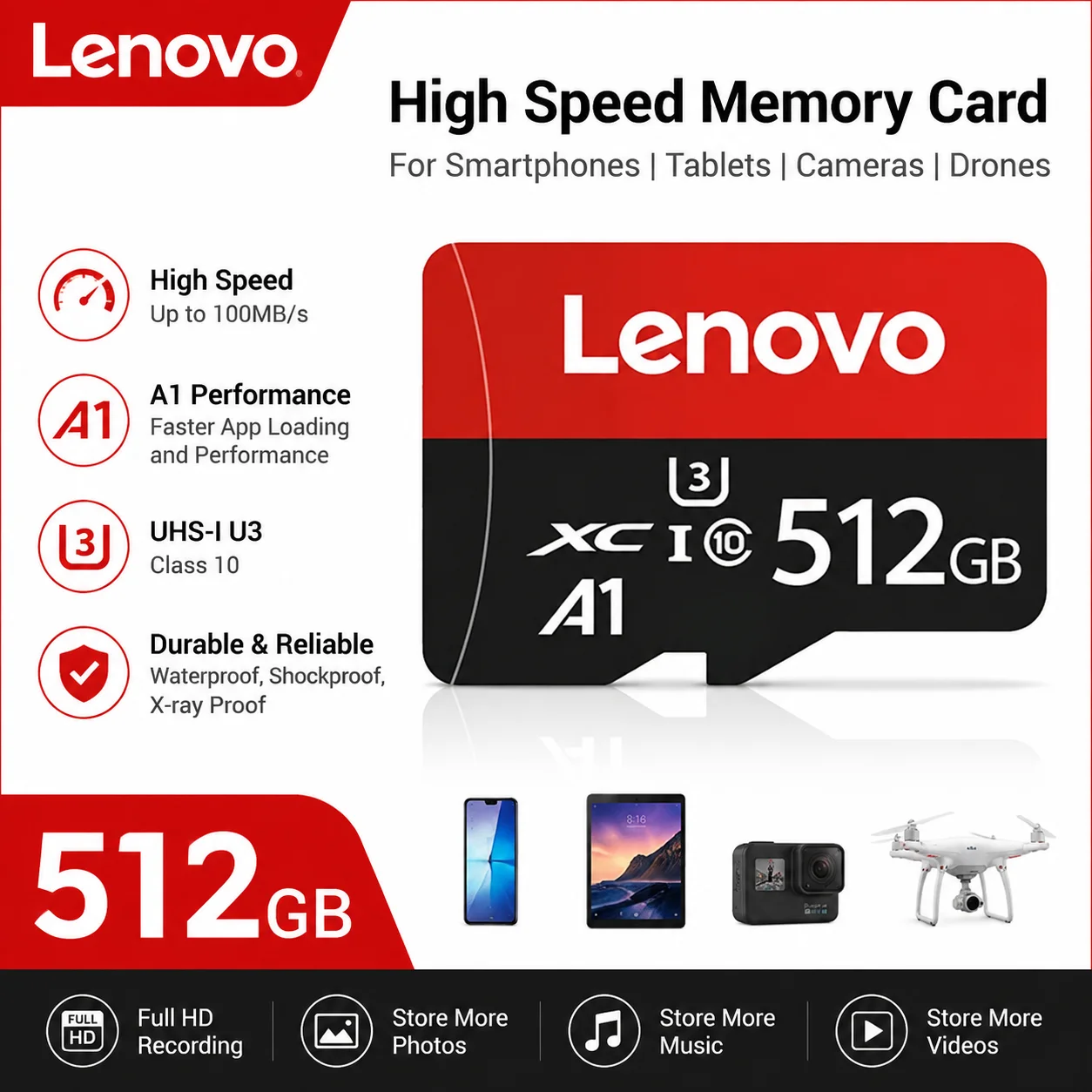 레노버 고속 1TB 512GB SD 카드 TF 플래시 메모리 카드 128GB 64GB Class10 U3 4K 녹화 캠코더 태블릿 콘솔용 충격 방지