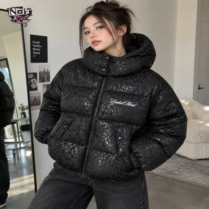 여성용 Y2K 스타일의 푹신한 패딩 재킷, 검은색 레오파드 무늬, 후드, 지퍼, 넉넉한 사이즈, 퀼팅 처리, 가을/겨울용, 일상복, 스트리트 패션