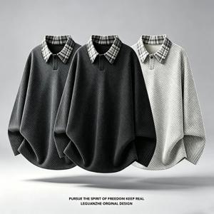 남성용 체크무늬 칼라 긴팔 폴로 셔츠, 가을용 질감 있는 니트 소재, 루즈핏, 캐주얼 스타일, 대비되는 색상의 칼라 디자인, 일상복으로 입기 좋은 풀오버