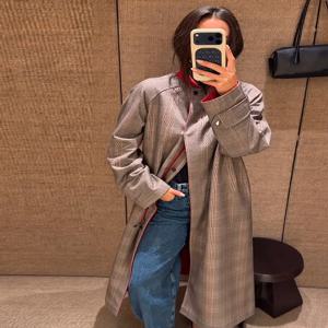 세련된 스탠드 칼라 디자인의 양면 롱 트렌치 코트, 여성용, 체크무늬 또는 단색, 레트로 캐주얼 스타일, 가을 스트리트 패션, 일상복, 신상품