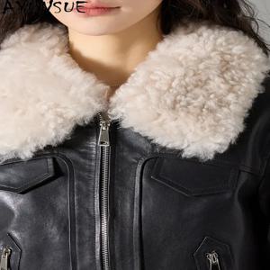 AYUNSUE 여성용 식물성 태닝 가공 양가죽 재킷, 90% 흰색 거위털 코트, 여성용 양모 칼라, 겨울 의류