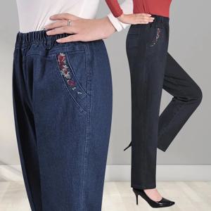 중년 어머니 봄 가을 자수 청바지 블랙 느슨한 탄성 허리 스트레치 스트레이트 바지 캐주얼 여성 데님 바지