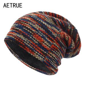AETRUE 니트 모자 여성 Skullies Beanies 겨울 모자 남성용 보닛 스트라이프 모자 따뜻한 헐렁한 부드러운 여성 양모 남성 비니 모자