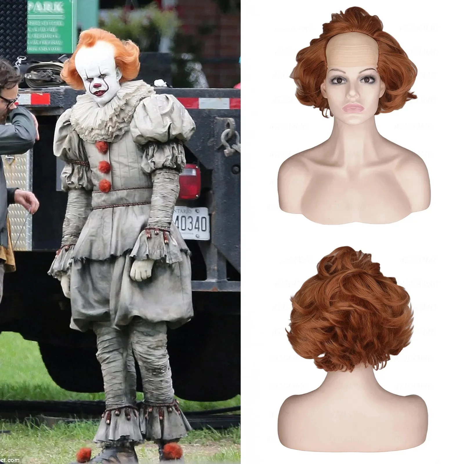 노인을위한 곱슬 대머리 가발 생강 갈색 Pennywise It 할로윈 코스프레 가발 푹신한 의상 애니메이션 가발 남성