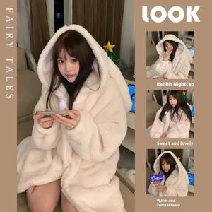 여성용 따뜻한 잠옷 홈웨어, 토끼 귀, 인스 여아 학생 잠옷, 만화 로브 목욕 가운 홈웨어, 가을 및 겨울 신상