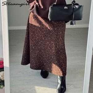 겨울 레오파드 프린트 스웨이드 스커트 롱 여성 가을 ​​빈티지 라인 브라운 맥시 스커트 여성용 겨울 따뜻한 스웨이드 레오파드 스커트