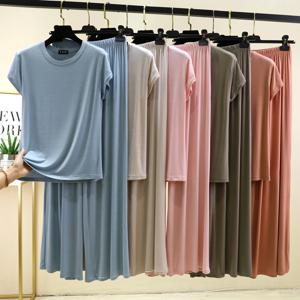 플러스 사이즈 M ~ 6XL 반소매 티셔츠와 와이드 레그 팬츠 솔리드 컬러 여름 모달 잠옷 세트 캐주얼 홈웨어 2pcs 슈트