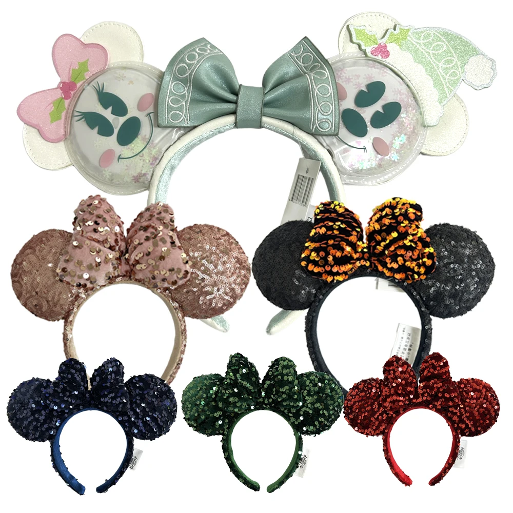 2025 디즈니 솔리드 컬러 미니 마우스 귀 머리띠 대형 스팽글 Hairbands 파티 크리스마스 할로윈 코스프레 의상 소녀를위한