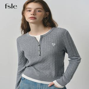 FSLE 여성용 페이크 투피스 디자인 케이블 니트 스웨터 2025 가을 신상 슬림핏 자수 배색 탑 25FS13297