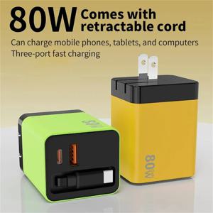 80W GaN USB 타입 C 충전기, PD 케이블 내장 고속 충전기, EU/US/UK 플러그, 아이폰 17, 16, 샤오미, 화웨이용