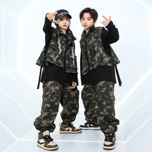 볼룸 힙합 댄스 의상 남자아이 루즈핏 조끼 바지 카모플라쥬 슈트 여자아이 스트릿웨어 재즈 댄스 무대 레이브 의상 세트