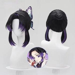 애니메이션 Kochou Shinobu 코스프레 가발 짧은 보라색 검정색 가발 내열성 합성 머리 + 가발 모자