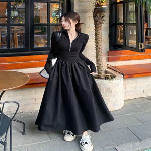 블랙 V넥 긴팔 하프 지퍼 드레스 여성용 봄 가을 하이웨이스트 슬리밍 발목 기장 캐주얼 A라인 드레스