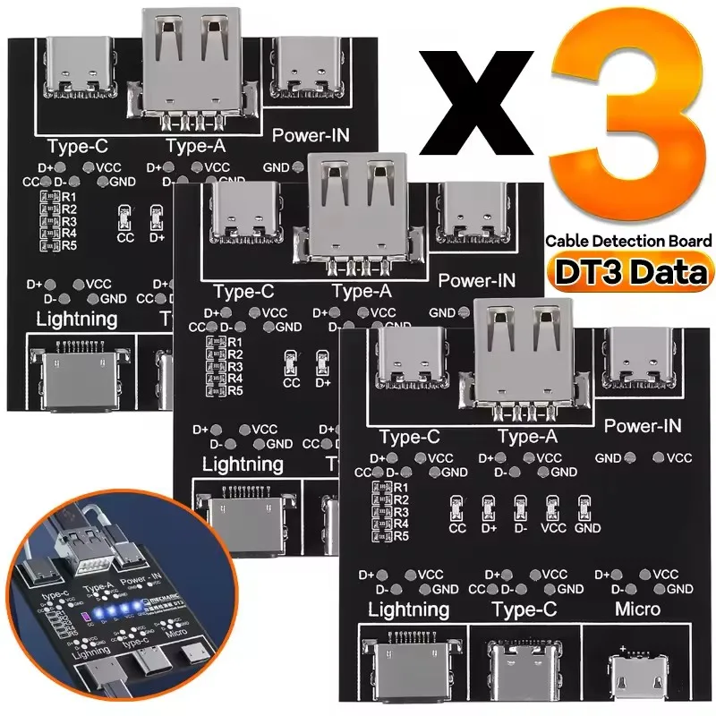 DT3 데이터 케이블 감지 보드 타입 C USB C 마이크로 USB 케이블 테스터 디텍터 애플 IOS 안드로이드 고속 충전 라이트닝