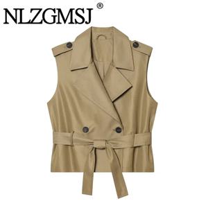 Nlzgmsj 2026 우아한 여성용 민소매 벨트 조끼 재킷 카키 트렌치 스타일 라펠 워크 & 캐주얼 조끼