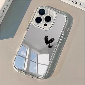 충격 방지 고급 폰 케이스 (아이폰 17, 11, 12, 13, 14, 15, 16 Pro Max, XS, X, XR, 7, 8 Plus) 메이크업 거울 부착 소프트 블랙 러브 하트 푼다