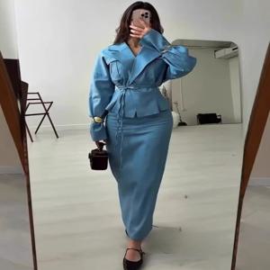 여성 투피스 세트 스커트 세트 턴다운 칼라 긴팔 레이스업 셔츠 롱 스커트 A라인 Y2K 스트릿웨어 우아한 워크 스프링룩