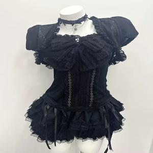 미적 고딕 로리타 블랙 레이스 3피스 스커트 세트 여성 퍼프 슬리브 가디건+보우 캐미 Y2K 탑+케이크 미니 스커트 카와이 의상