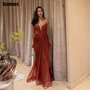 Sumnus 매력적인 인어 이브닝 드레스 스파게티 스트랩 플리츠 셔링 맥시 댄스 파티 드레스 민소매 파티 드레스 여성 맞춤형