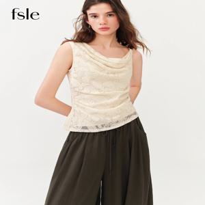 FSLE 여성 2026 여름 신상 빈티지 슬리브리스 자카드 드레이프 칼라 블라우스 슬림핏 우아한 탑 휴가 스타일 풀오버