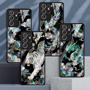 삼성 갤럭시 S26 S10 노트 8 9 10 20 S23 플러스 S21 S20 FE S8 S24 S9 S22 S24 울트라 호랑이 용 대리석 무늬 유리 폰 커버 케이스