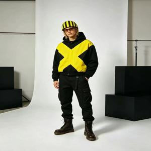 2026 아메리칸 패션 하라주쿠 힙합 블랙 옐로우 X 레터 블랙 재킷 하이 스타일 루즈 스탠드 칼라 지퍼 가디건 재킷